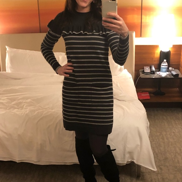 Jessica Howard Dresses & Skirts - Jessica Howard Striped Gray Sweater Dress with Ruffle Accent